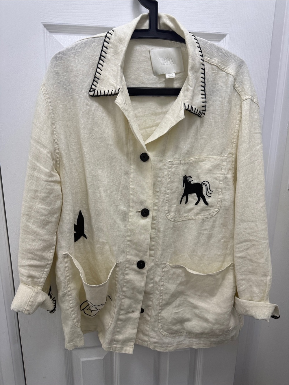 Zara Cream Button-Front Linen-Blend Jacket with Black Embroidery